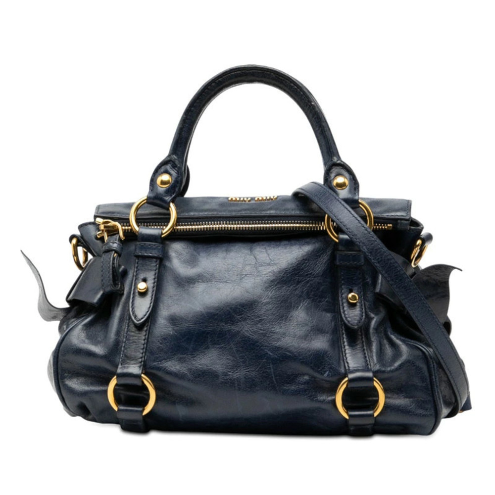 Miu Miu blue Vitello Lux leather bow bag dual top handles Black